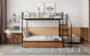 English Elm Twin Metal Bunk Bed Twin-Over-Full with Built-In Drawer, Ladder Storage, Wardrobe & Trundle Utility Black SF000174AAB