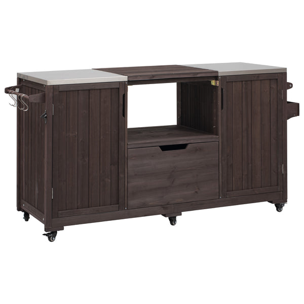 English Elm K&K 66.5" Outdoor Kitchen Island with 1.2" Stainless Steel Top, Ample Storage, Wheels & Bottle Opener Brown N707P250629Z