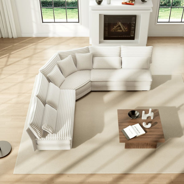 English Elm 5-seater Curved Corner Sectional Sofa Ribbed Corduroy Upholstery with Seven Accent Pillows Beige W2606S00014