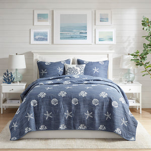 JLA Home Harbor House Blue - 4 Coastal Cotton Reversible Quilt Set with Embroidered Starfish, Shells & OEKO-TEX Safety, Soft Prewashed Navy HH13-1836