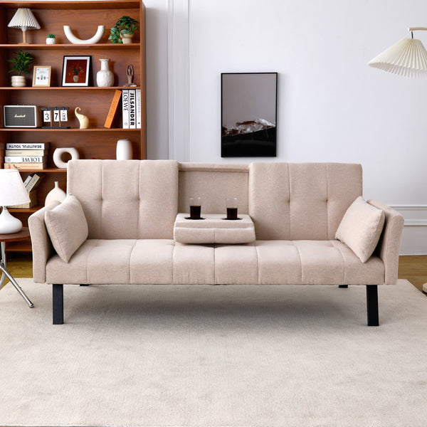English Elm 70-inch Foldable Cotton Linen Sofa Bed with Cup Holder & Side Storage, Space-Saving 2-Seater Design Beige W3371P337197