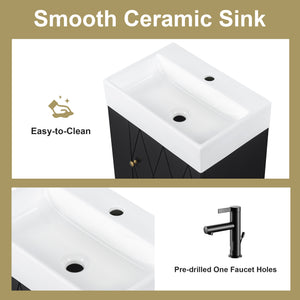 English Elm 20 Modern Wall-Mounted Bathroom Vanity with Ceramic Sink, Diamond Door, Gold Handles & Shelves — Compact Black N725P314033B