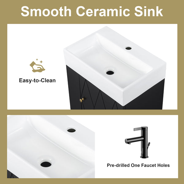 English Elm 20 Modern Wall-Mounted Bathroom Vanity with Ceramic Sink, Diamond Door, Gold Handles & Shelves — Compact Black N725P314033B