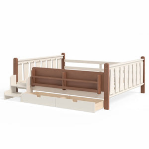 English Elm Queen Bunk Bed with Trundle Solid Pine Kids Car Themed Frame Built-in Bookshelf Beige W1580S00542