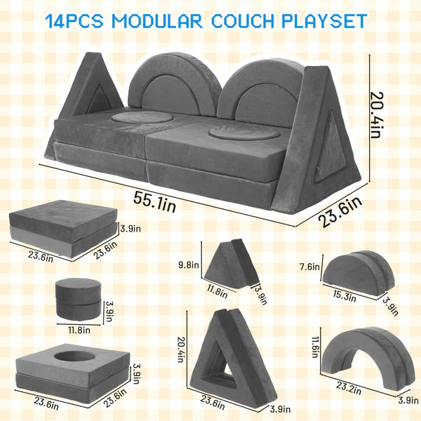 English Elm 14pcs Modular Foam Play Couch Set Convertible Toddler Fort Builder for Playrooms Dark Gray T5880P493439