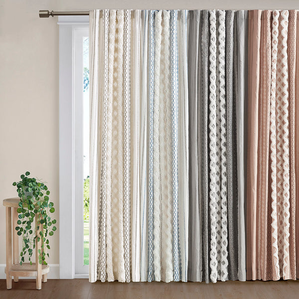 JLA Home INK+IVY - Cotton Imani Curtain Panel — Ivory Geometric Print with Tufted Chenille Stripe, Lined OEKO‑TEX Privacy II40-1344