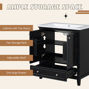 English Elm 30" Bathroom Vanity with Sink — Modern Freestanding 30" Cabinet with Ceramic Top, Drawer, Doors, Shelf Black N725P221263B