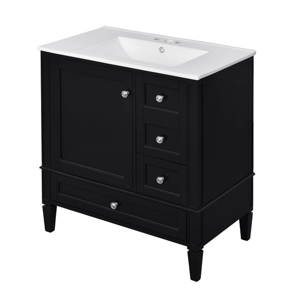 English Elm 30 30 Inch Bathroom Vanity with Ceramic Sink, Modern Compact 3-Drawer Storage Cabinet for Small Baths Black N710P247499B