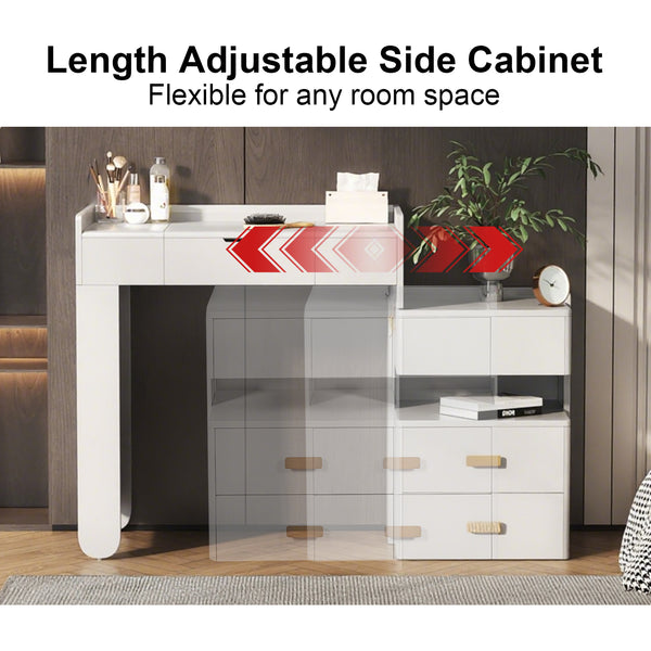 English Elm 3-in-1 Makeup Vanity Desk with Flip Mirror, LED 3-Color Lighting, Expandable Length & Ample Storage Drawers White N844P285298A