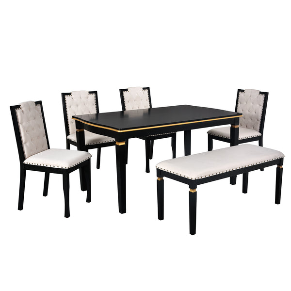 English Elm 6-Piece Kitchen Dining Set with 60" Rectangular Table, Tufted High-Back Chairs & Bench, Durable Wood Black N752S001080B