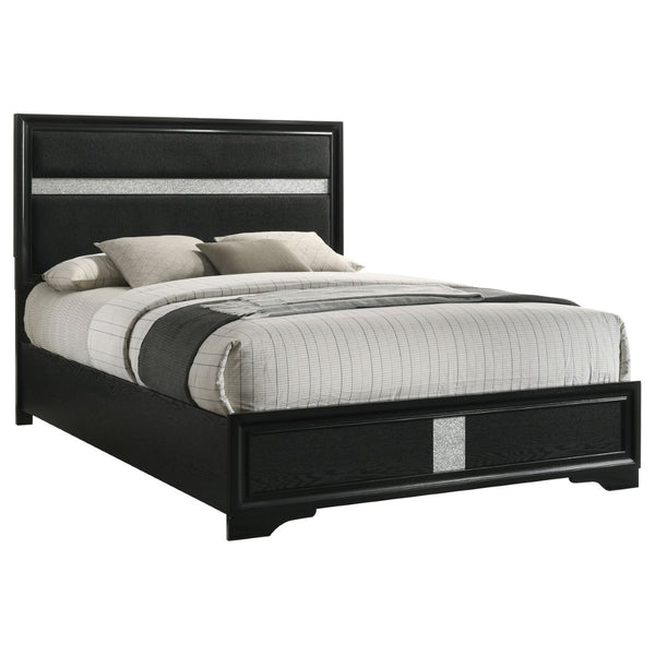 English Elm Annie Glam Queen Bed Glitter Stripe Upholstered Headboard Low Profile Black Frame B062S01807