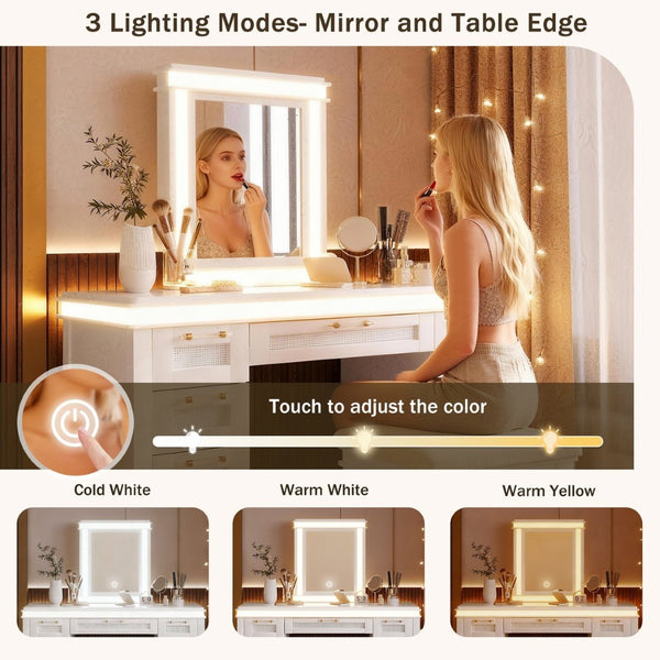 English Elm 48" Makeup Vanity Desk with Led Mirror Bamboo Weave Drawers Cushioned Stool Bedroom Light Beige N704P337484K