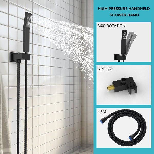 English Elm Rainfall Luxury Shower System with 10" Square Head, High-Pressure Rain + Handheld and Storage Rack Matte Black T3177P269148