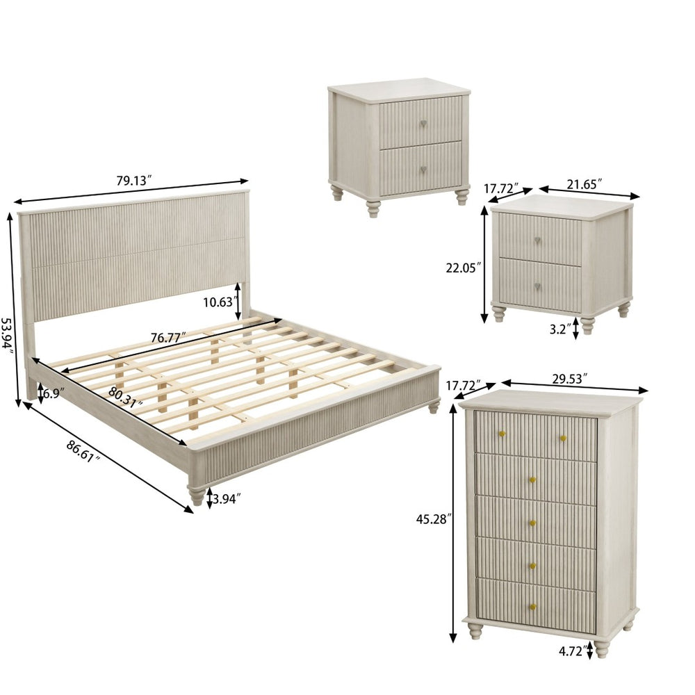 English Elm 4-piece King Bedroom Set Wavy Fluted Panel Solid Wood Dresser Nightstands Beige W1716S00029