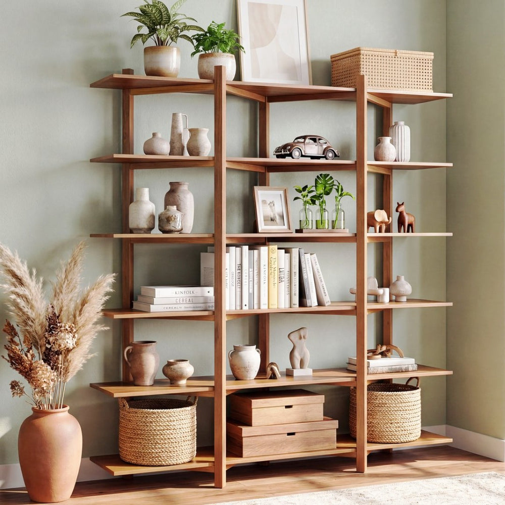 English Elm 6 Tier Acacia Veneer Bookshelf Open Storage Unit Heavy Duty Pine Wood Frame Display N758P412462N