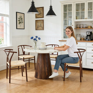 English Elm Table and Chair Set 42 Inch Round Stone Top with Rope Woven Wishbone Dining Seats W2920S00146