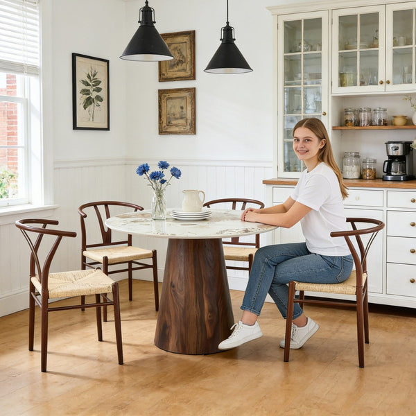 English Elm Table and Chair Set 42 Inch Round Stone Top with Rope Woven Wishbone Dining Seats W2920S00146