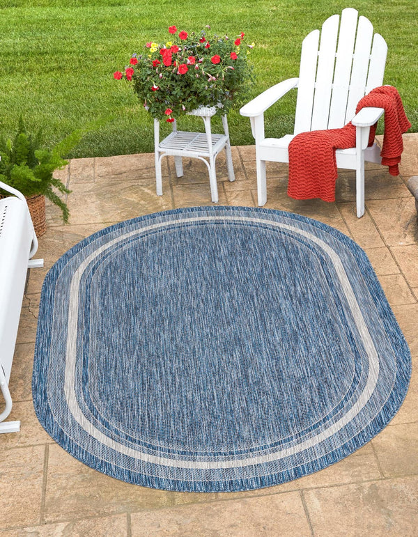 Unique Loom Outdoor Border Soft Border Machine Made Border Rug Blue, Ivory/Gray 7' 10" x 10' 0"