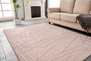 English Elm Luxury Dust Pink Geometric Faux Fur Area Rug With Gold Accents - Machine Washable & Soft Comfort B030P233697