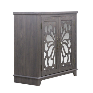English Elm Elegant Mirrored Sideboard with Butterfly Carved Doors Wood Grain Finish Dining Storage Dark Brown W2899P372739