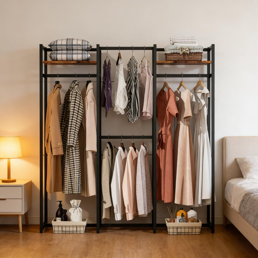 English Elm Portable Freestanding Wardrobe Organizer with Metal Frame and Rustic Shelving for Bedroom T3971P449801