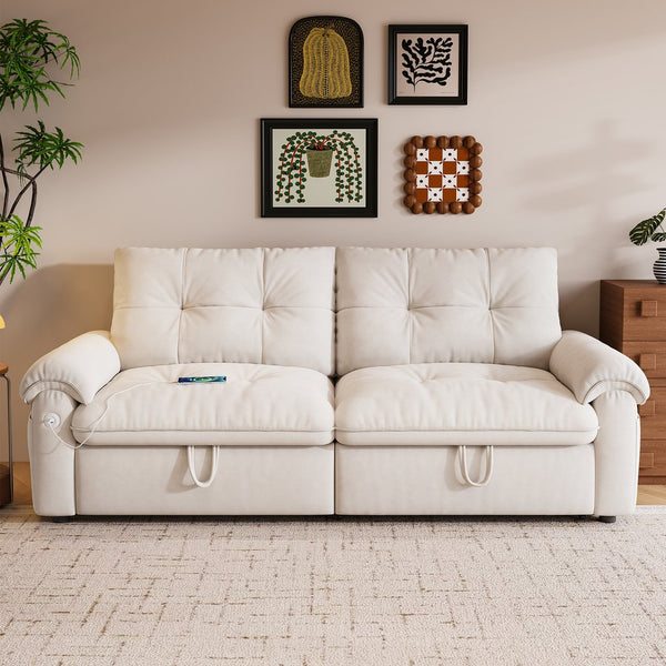 English Elm It 77-inch convertible velvet sofa bed, 2-in-1 loveseat to guest bed with steel frame, high-resilience foam comfort Beige W3820S00014