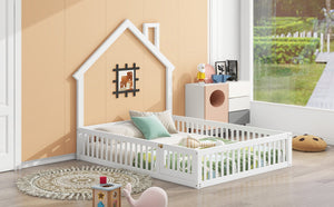 English Elm Wood House Platform Bed Full Size with Guardrail & Playful Frame, Sturdy Pine, Kid-Safe Design White N709P171852K