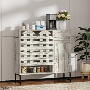 English Elm 44.3"Farmhouse Rustic Sideboard Cabinet with Arched Lattice Doors, Drawer & Open Shelves, White Vintage W2977P338333