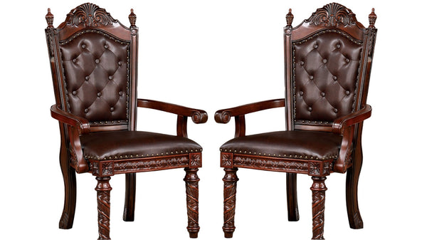 English Elm Traditional 2Pcs Arm Chairs - Brown Cherry Solid Wood, Tufted Dark Brown Leatherette For Dining Elegance B011P234704-GIGA