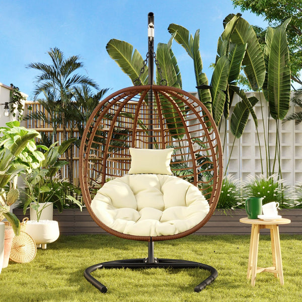 English Elm U_style Wicker Hanging Egg Chair with Stand Foldable Indoor Outdoor Swing Seat Brown+Beige N711P389503K