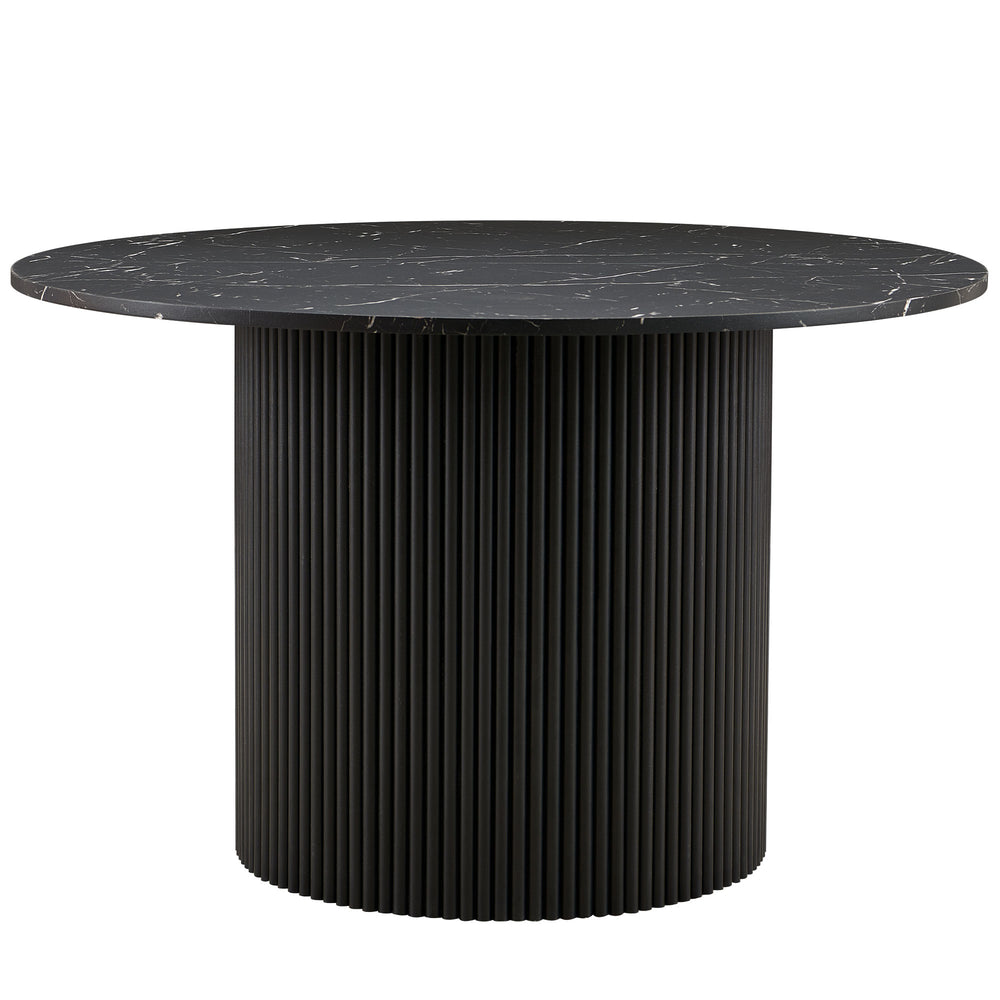 English Elm Imitation Black Marble Grain 47" Round MDF Dining Table for 4 — Mid-Century Wood Base, Sturdy Roman Column Design, Modern Kitchen Chic W1164P225843
