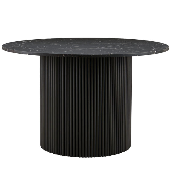English Elm Imitation Black Marble Grain 47" Round MDF Dining Table for 4 — Mid-Century Wood Base, Sturdy Roman Column Design, Modern Kitchen Chic W1164P225843
