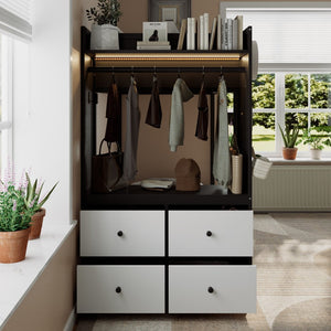 English Elm Twin Bunk Bed with Storage Drawers Hanging Rail Led Shelves and Pegboard Organizer Black LT000282AAB