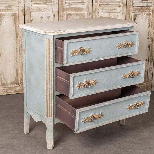 English Elm 24QJ0078 Distressed Light Blue Wood & Metal Cabinet with Two Drawers, Cream Top, Gold Accents, 37.4"L x 18.3"W x 37.8"H W2946P243868