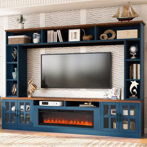 English Elm U-can Modern Farmhouse Wall Unit with Electric Fireplace Bookshelves and Glass Cabinet Doors Navy Blue SJ000153AAN