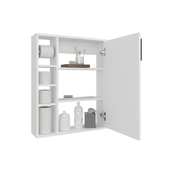 English Elm Meller Wall-Mounted Medicine Cabinet with Door + 3 Open Shelves, Slim Modern White Storage Organizer B200P368106