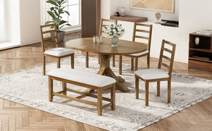 English Elm Topmax Farmhouse Extendable Pedestal Dining Set Seats Six with Ladder Back Chairs Beige,Dark Brown N717S000060D