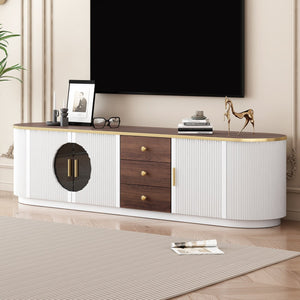 English Elm VIBE Elegant 70.8" Modern TV Stand with Gold Accents, Glass Cabinets, 3 Drawers & Cable Management White SJ000131AAK
