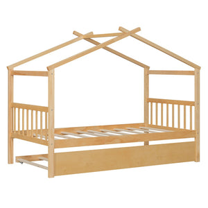 English Elm Twin House Bed Solid Pine Cottage Frame with Pull Out Trundle for Kids Bedroom Natural N708P309238M