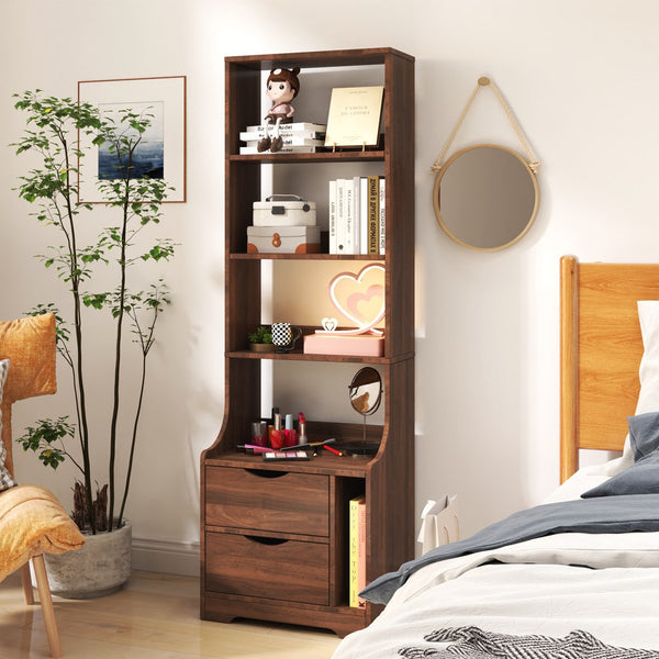English Elm Night Multi-Function Nightstand with 2 Drawers and 4-Tier Bookshelf Vertical Space Saver Walnut W331P248063