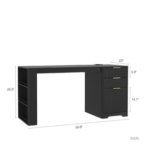 English Elm L Shaped Corner Desk with Led Lighting Bookshelf Drawers and Built in Charging Station W1321P399020