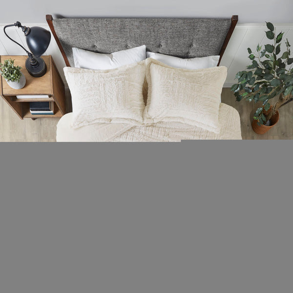 JLA Home Madison Park - Fur Arctic Faux Fur Comforter Set with Checkerboard Texture, OEKO‑TEX Certified, Machine Washable Ivory BASI10-0253
