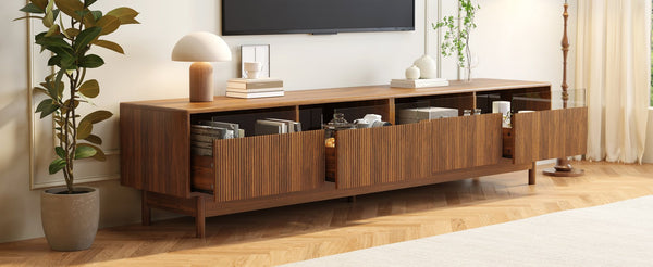 English Elm 78inch TV Stand Walnut for up to 85" TVs — Fluted Glass Drawers, Cable Management, Solid-Wood Legs PMID N710P362197P