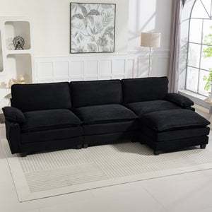 English Elm 113" Modern 3+1 L-Shaped Corduroy Sofa with Double-Layer Cushions, Cup Holders & Storage Bags Black W2715S00006