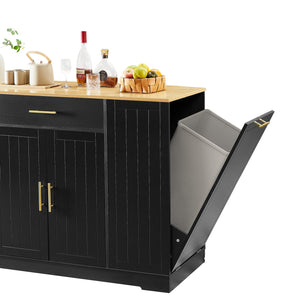English Elm 53 Inch Large Kitchen Island With Hidden Trash Storage & Adjustable Shelves, Black & Oak Finish W1820P199483
