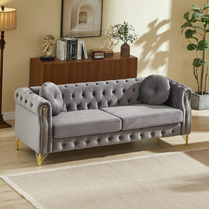 English Elm 82-inch Velvet Chesterfield Sofa Tufted Button Back with Copper Studs and Gold Metal Legs Grey W834S00618