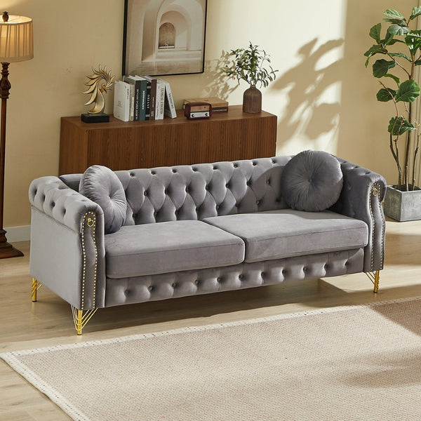 English Elm 82-inch Velvet Chesterfield Sofa Tufted Button Back with Copper Studs and Gold Metal Legs Grey W834S00618