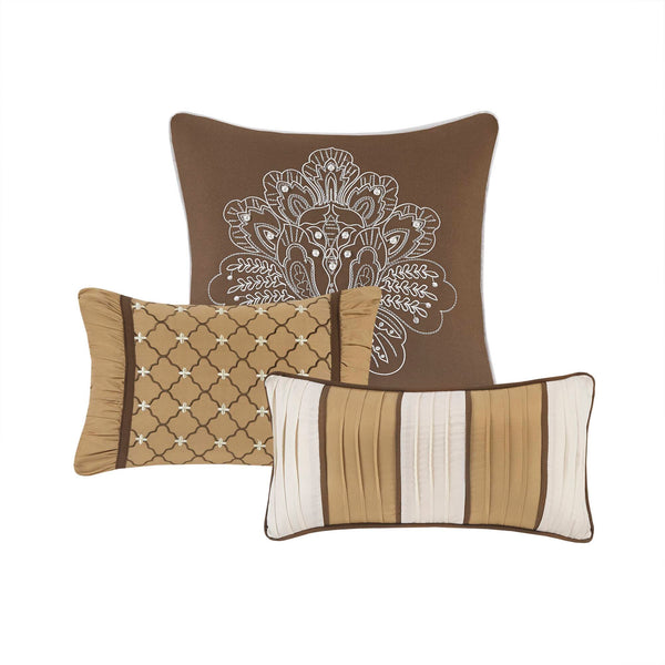 JLA Home Madison Park - 6 Piece Jacquard Quilt Set with Throw Pillows — Reversible Luxe Texture, Leaf & Ironwork Motifs, Hotel-Style Elegance Brown/Gold MP13-369