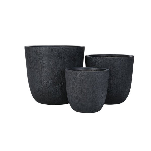 English Elm U_style Mgo Round Planters Set of Three Crackle Stone Texture Patio Garden Pots Black N711P406660B