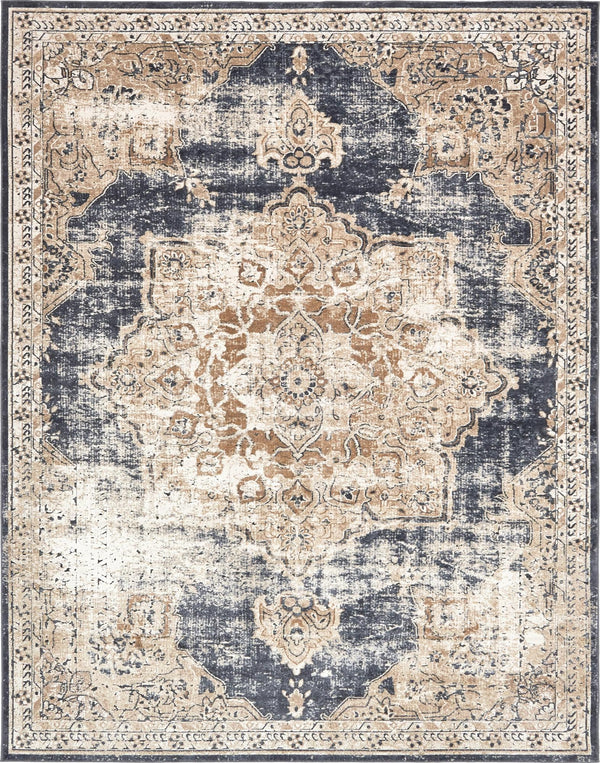 Unique Loom Chateau Roosevelt Machine Made Border Rug Dark Blue, Beige/Brown/Ivory 8' 0" x 10' 0"